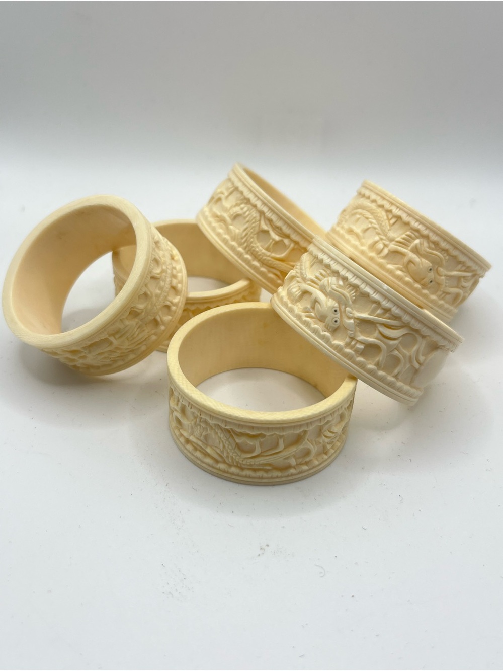 Antique Chinese Export Carved Bovine Bone Napkin Rings